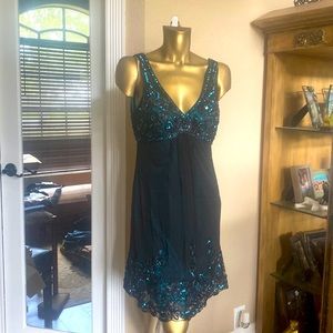 Sue Wong Black/Turquoise Beaded Sequins Dress Sz 6